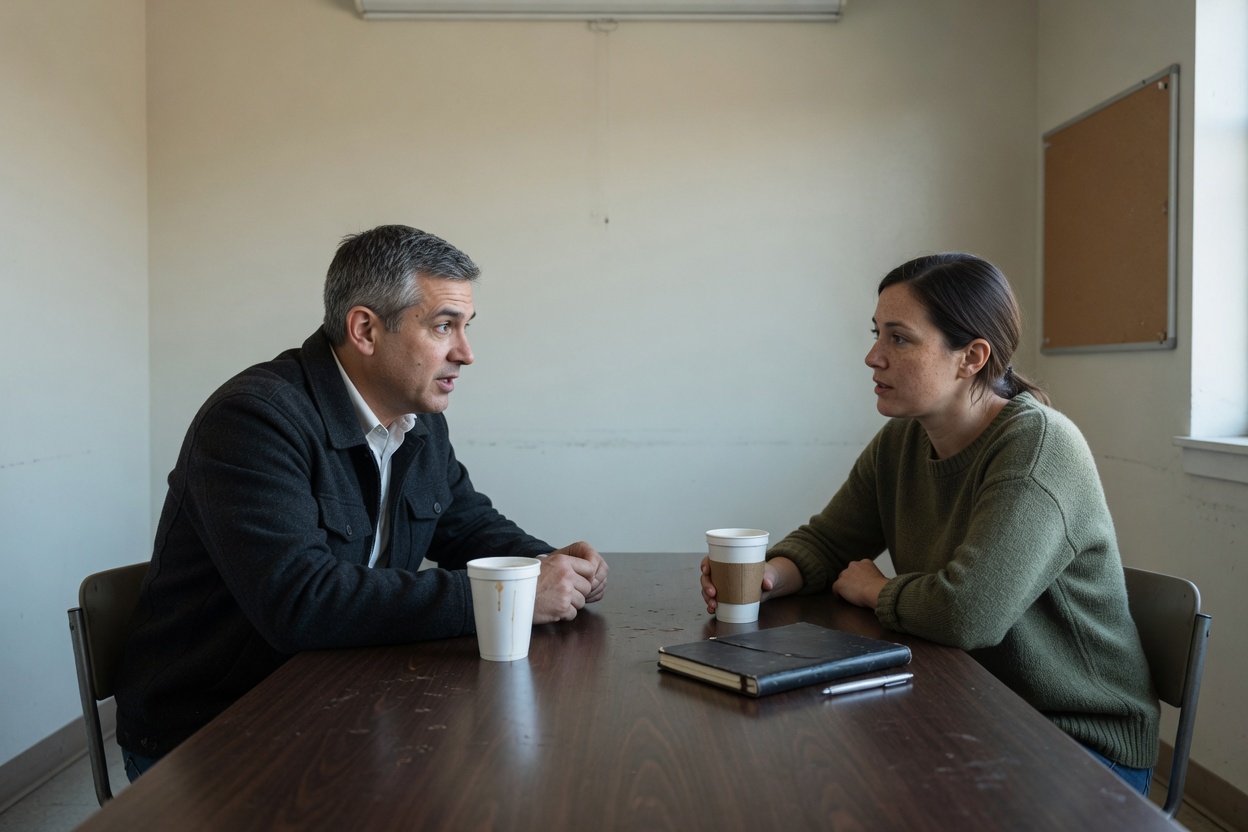 Two people sitting at a table having a conversation