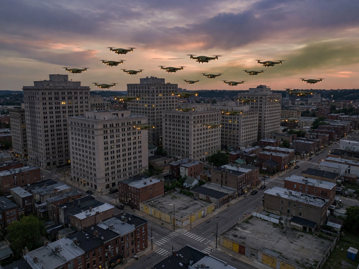 Olive patrol drones flying a grid over a dusk city of offices and rowhouses