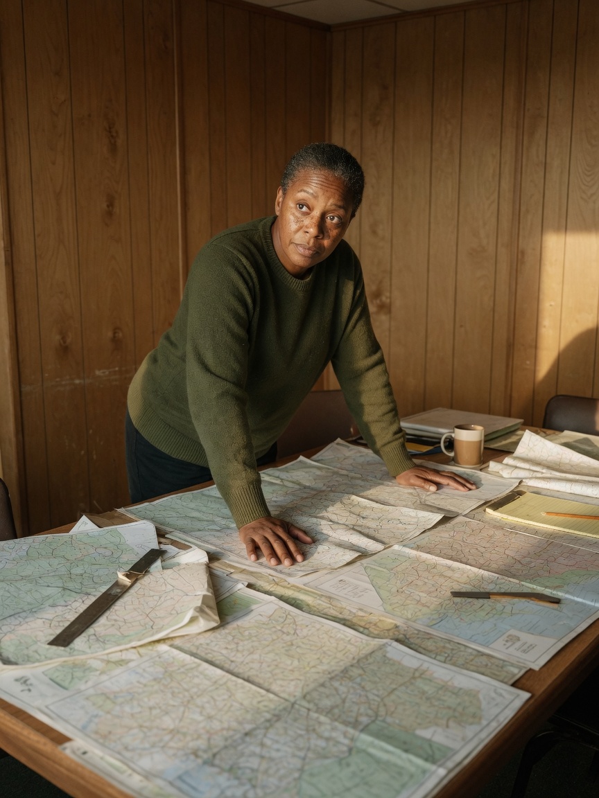 Commander reviewing maps at a briefing table