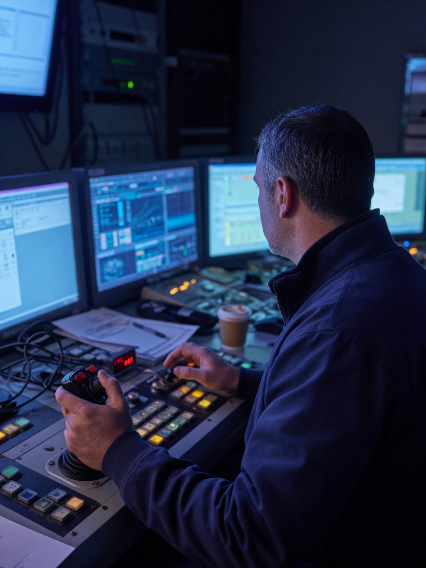 Operator at a console in a dim operations room