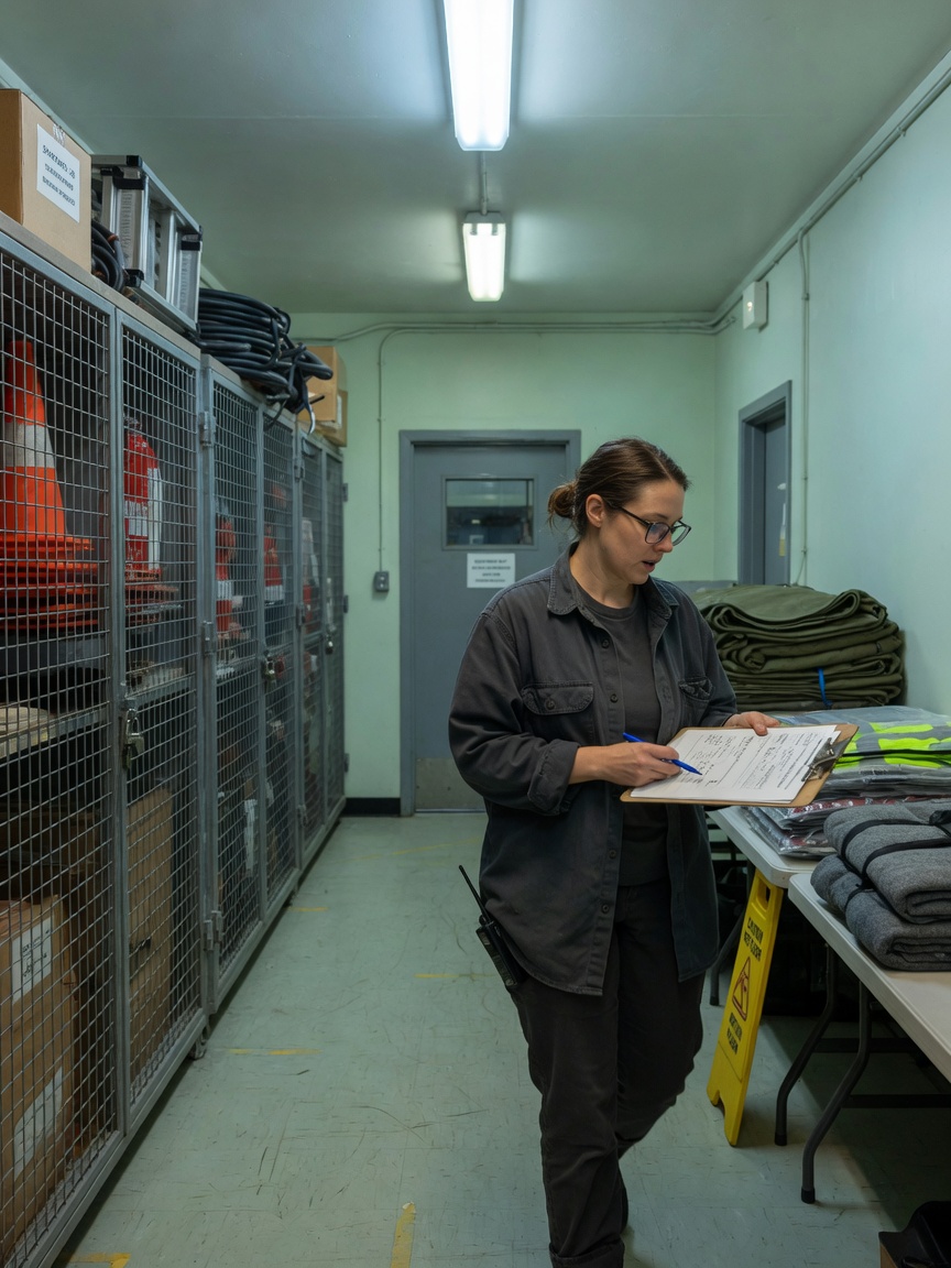 Personnel officer reviewing kit in a supply corridor